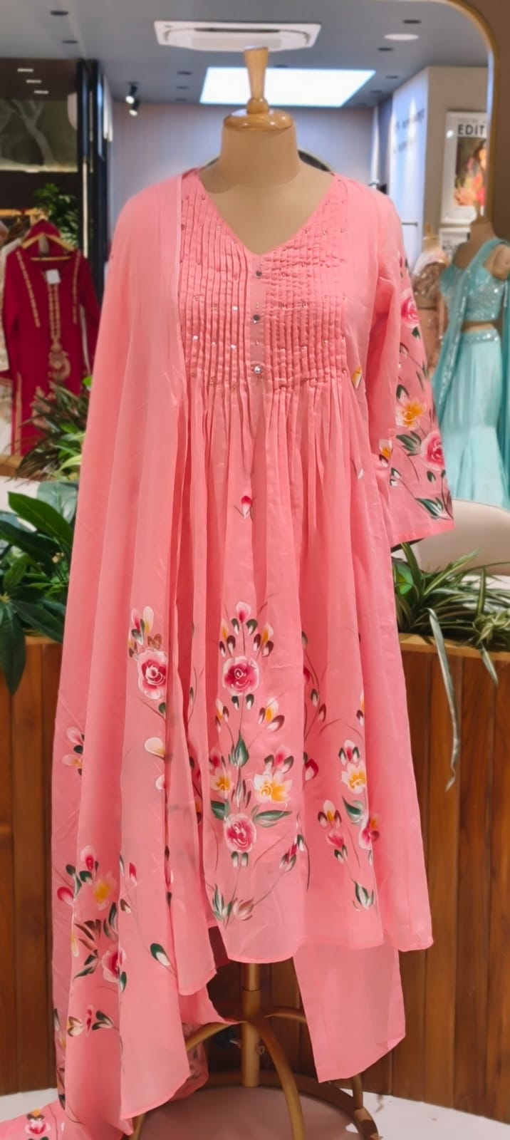 Floral Gardenia Blossom Print Pleated Yoke A-Line Mul Cotton Full Suit Set With Dupatta- 14737 RB388