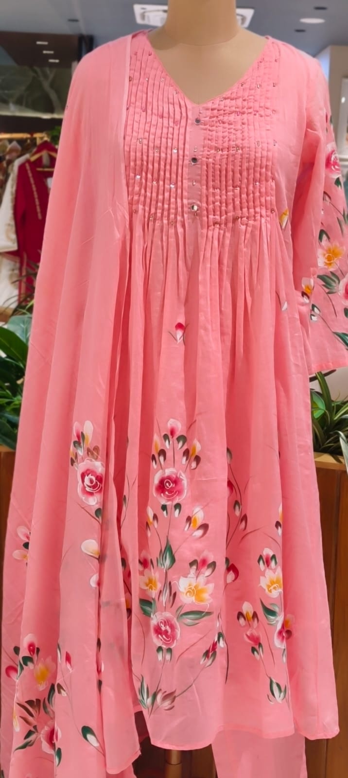 Floral Gardenia Blossom Print Pleated Yoke A-Line Mul Cotton Full Suit Set With Dupatta- 14737 RB388