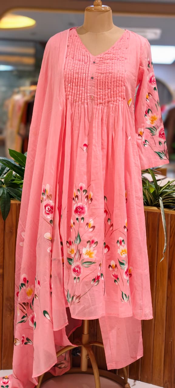 Floral Gardenia Blossom Print Pleated Yoke A-Line Mul Cotton Full Suit Set With Dupatta- 14737 RB388