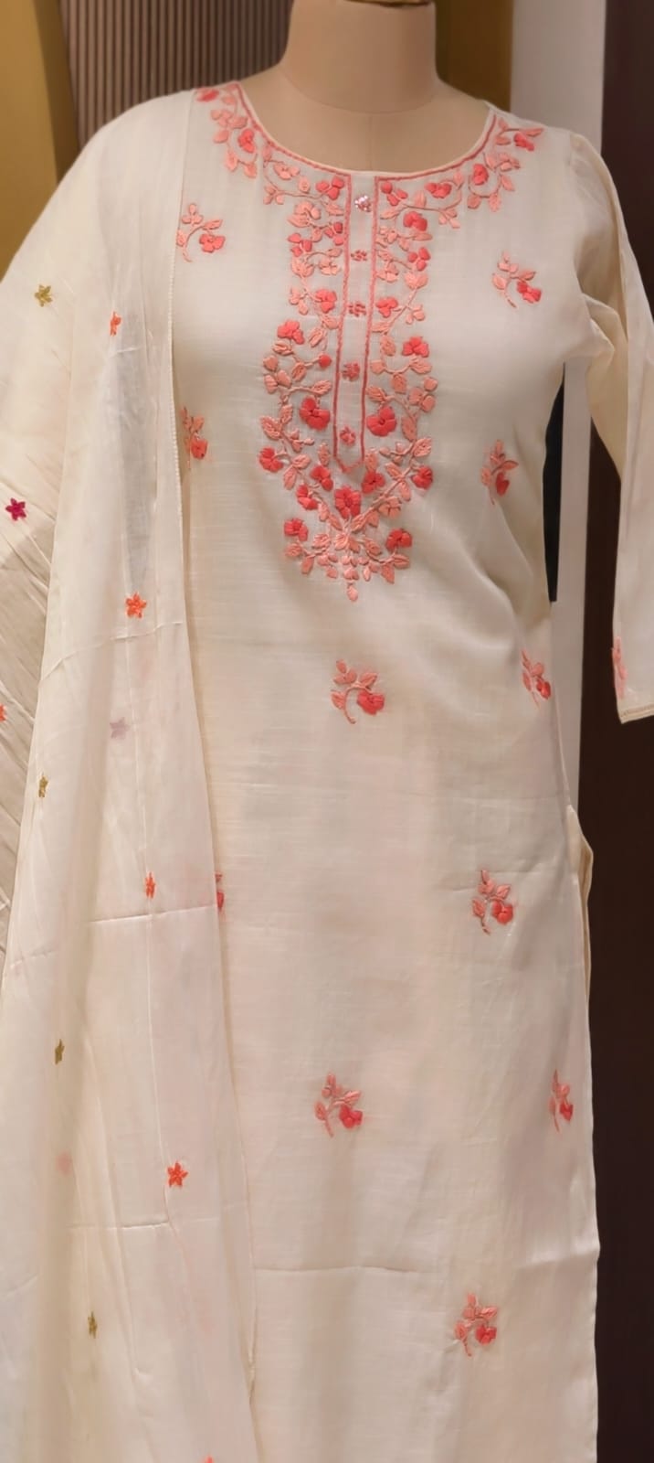 Ethereal Off-White Kora Cotton Full Suit Set with Fine Floral Subtle Embroidery- 14690 (Lean Fit)RB387