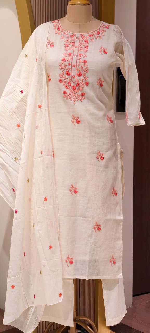 Ethereal Off-White Kora Cotton Full Suit Set with Fine Floral Subtle Embroidery- 14690 (Lean Fit)RB387