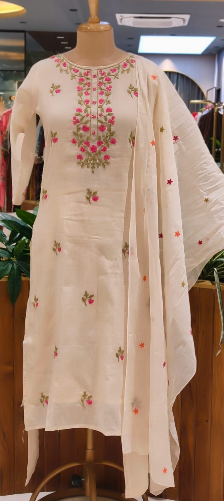 Ethereal Off-White Kora Cotton Full Suit Set with Fine Floral Subtle Embroidery- 14690 (Lean Fit)RB387