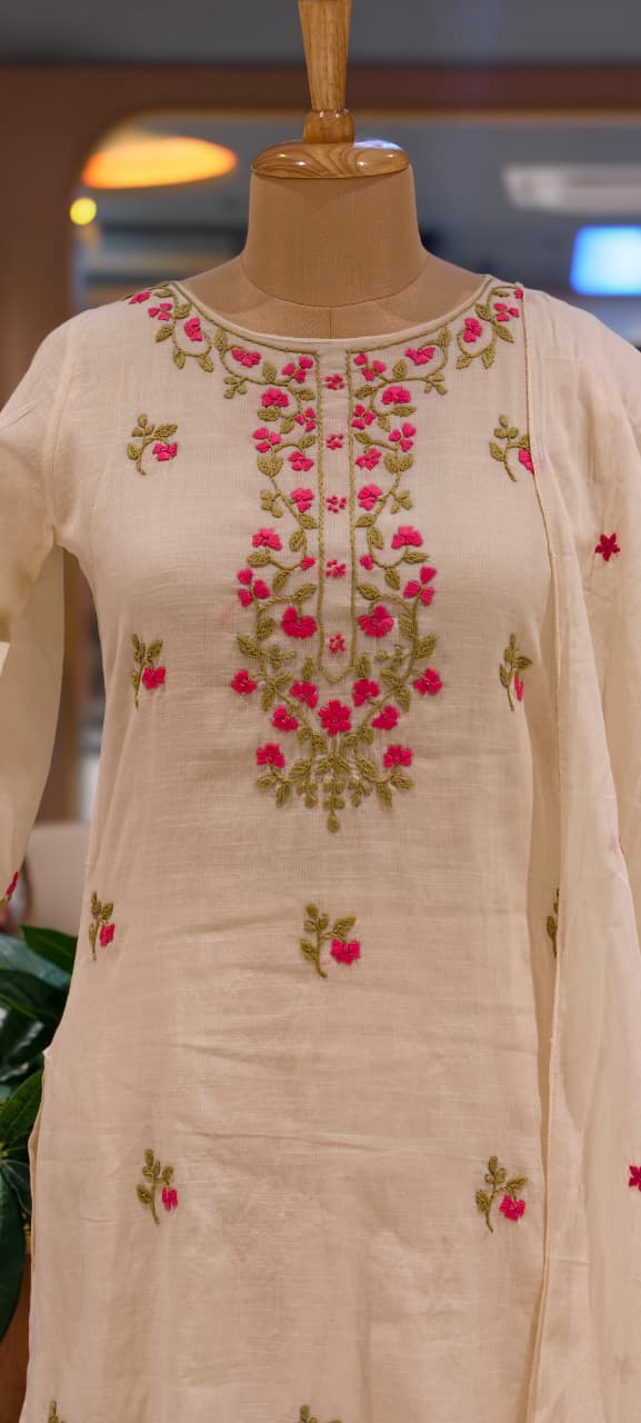 Ethereal Off-White Kora Cotton Full Suit Set with Fine Floral Subtle Embroidery- 14690 (Lean Fit)RB387