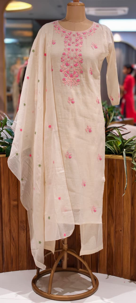 Ethereal Off-White Kora Cotton Full Suit Set with Fine Floral Subtle Embroidery- 14690 (Lean Fit)RB387