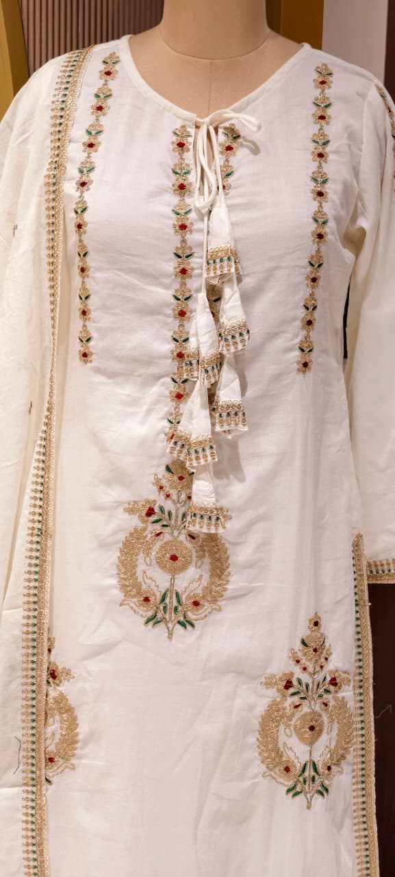 Golden Touch Pure Zardosi Work Embroidery Occasional Wear Mul-Cotton Full Suit Set With Dupatta- 14731 RB389