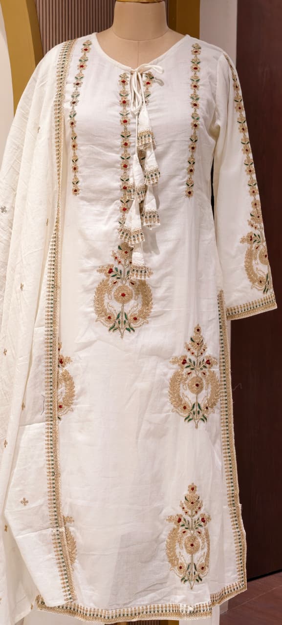 Golden Touch Pure Zardosi Work Embroidery Occasional Wear Mul-Cotton Full Suit Set With Dupatta- 14731 RB389