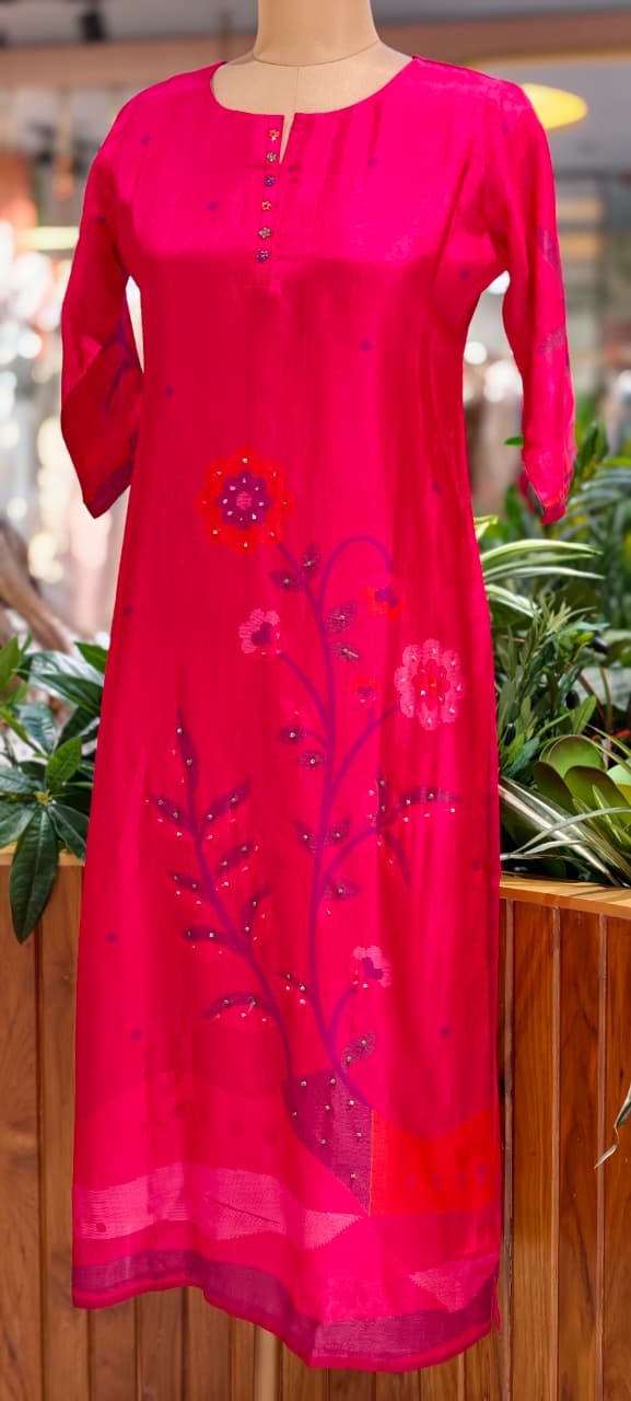 Fuschia Radiance Botanical Charm Russian Silk Blend Kurti Only- 14714, 14771  RB383 LEAN FIT BOOK NEXT SIZE