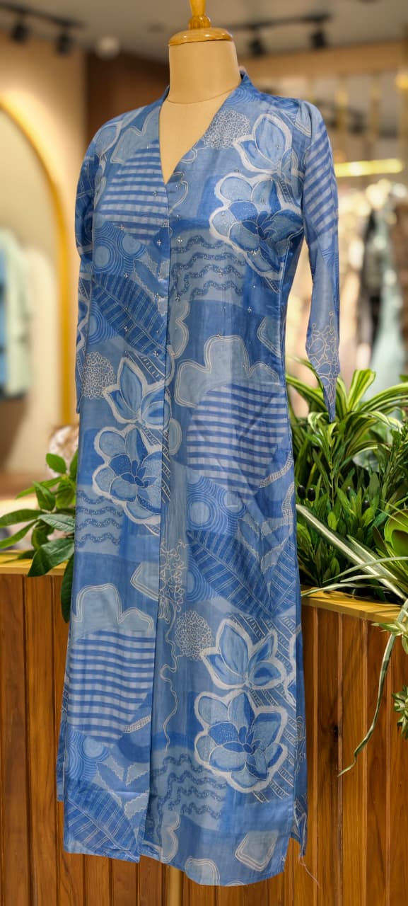 Ice-Blue Mossaic Floral Print Scattered Reinstone Touch Russian Silk Kurti Only- 14711 RB381