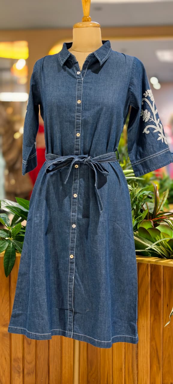 Stylish Embroidered In Sleeve Belt Accent Soft Denim Ankle Length Frock- 14669 RB379