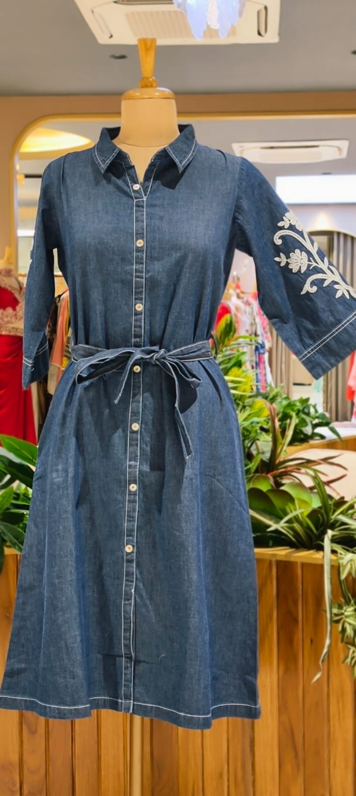 Stylish Embroidered In Sleeve Belt Accent Soft Denim Ankle Length Frock- 14669 RB379