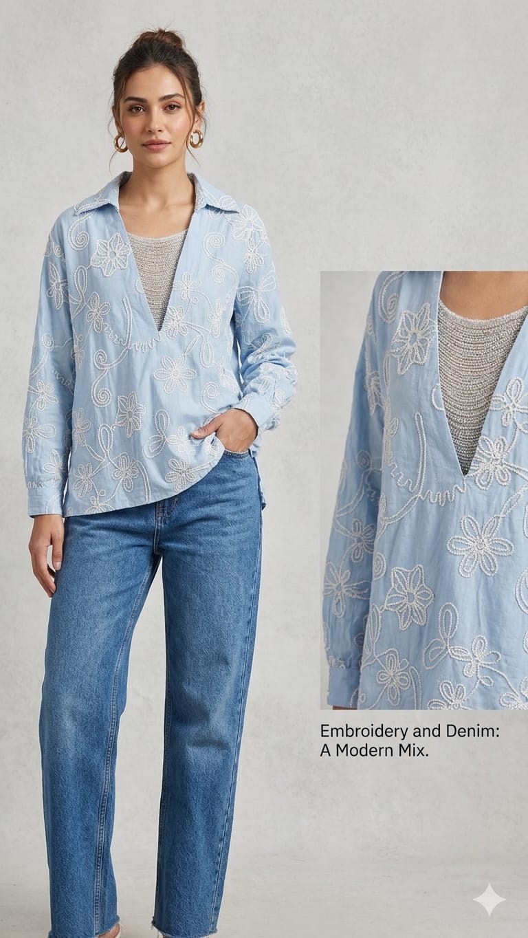 Imported Butter Sheer Embroidered Jewel Stone Hangs Premium Western Tops- 14764
