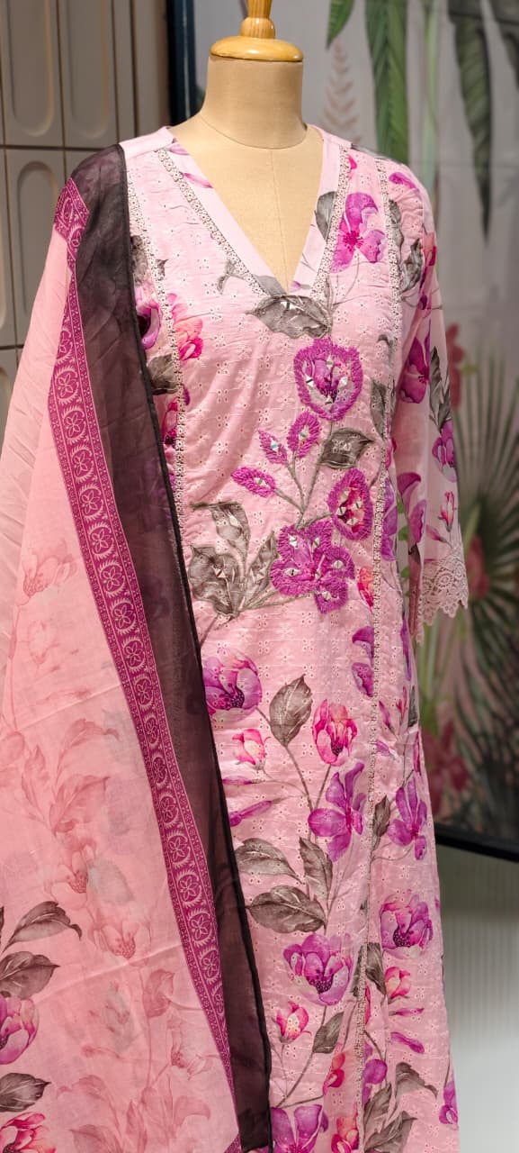 Blush Peony Intricate Embroidered Lace Paneling Cotton Full Suit Set With Dupatta- 14681  RB419