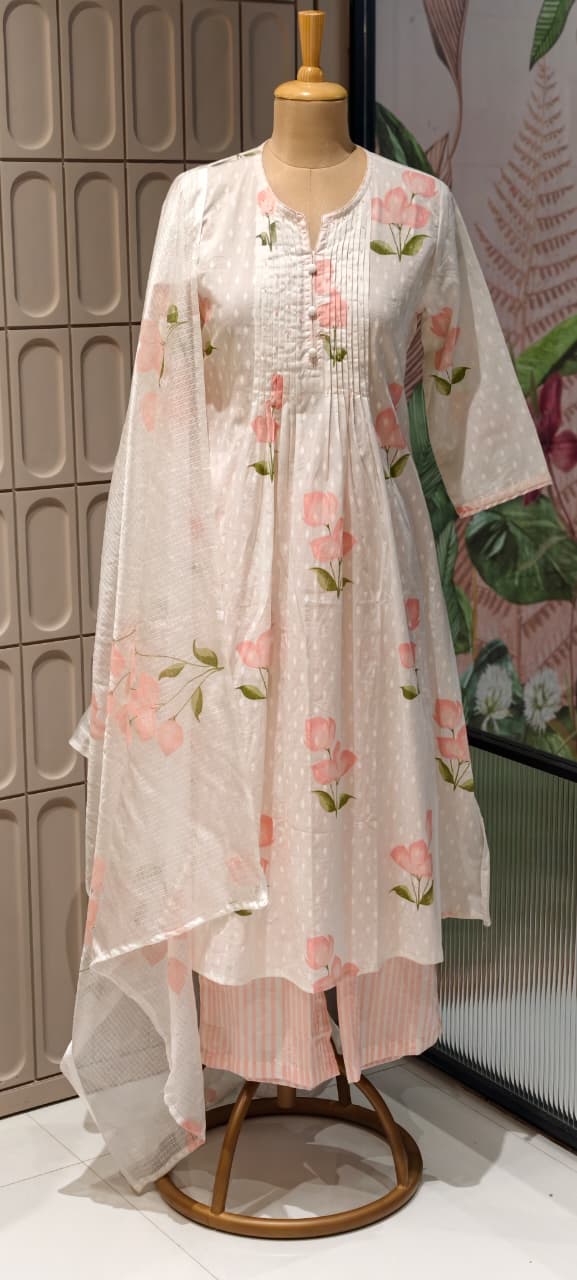Elegant Floral Blush Pleated Mul Cotton Printed A-Line Full Suit Set With Dupatta- 14673 RB413