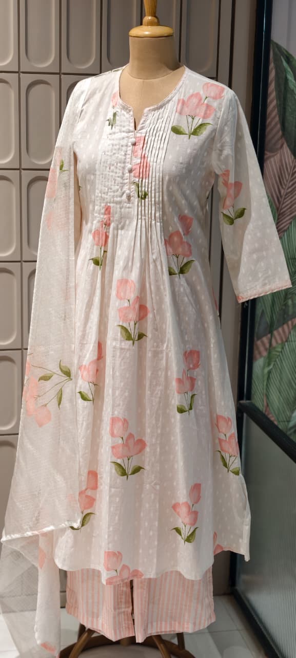 Elegant Floral Blush Pleated Mul Cotton Printed A-Line Full Suit Set With Dupatta- 14673 RB413
