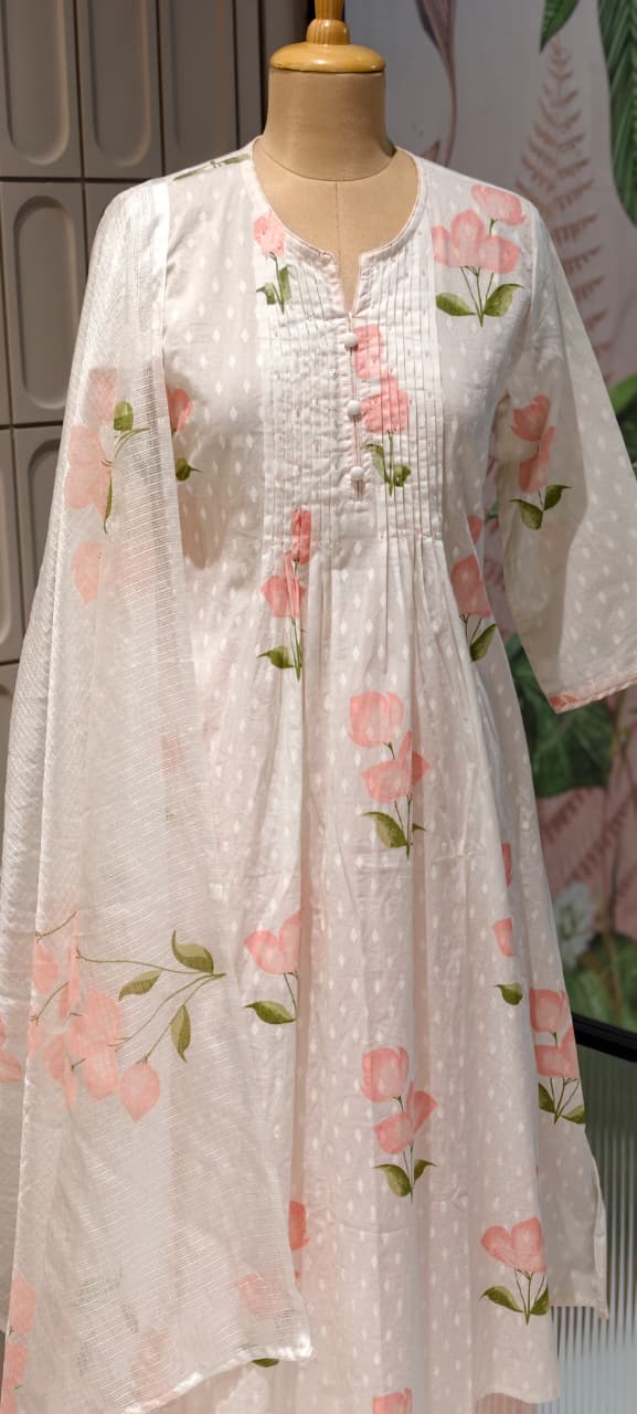 Elegant Floral Blush Pleated Mul Cotton Printed A-Line Full Suit Set With Dupatta- 14673 RB413