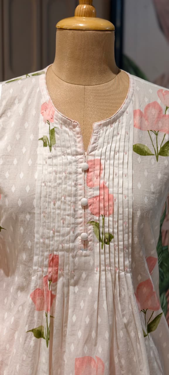 Elegant Floral Blush Pleated Mul Cotton Printed A-Line Full Suit Set With Dupatta- 14673 RB413