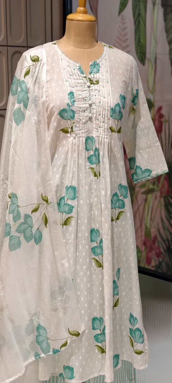 Elegant Floral Blush Pleated Mul Cotton Printed A-Line Full Suit Set With Dupatta- 14673 RB413
