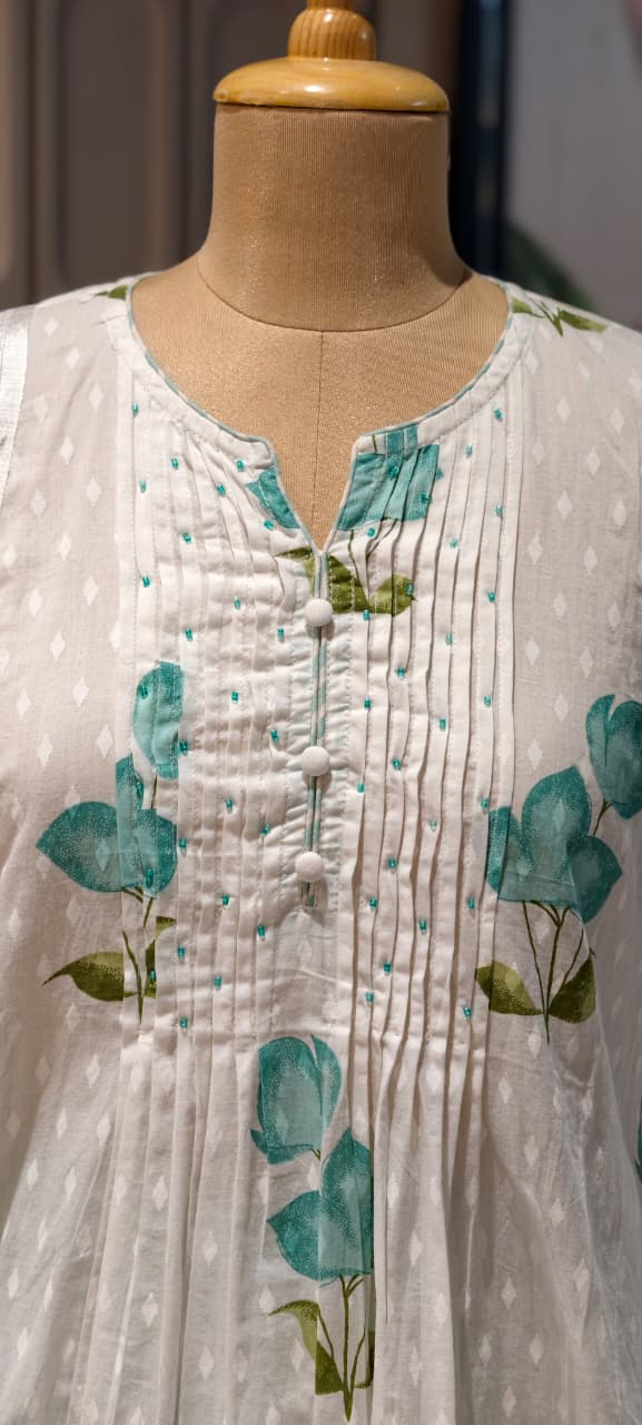 Elegant Floral Blush Pleated Mul Cotton Printed A-Line Full Suit Set With Dupatta- 14673 RB413