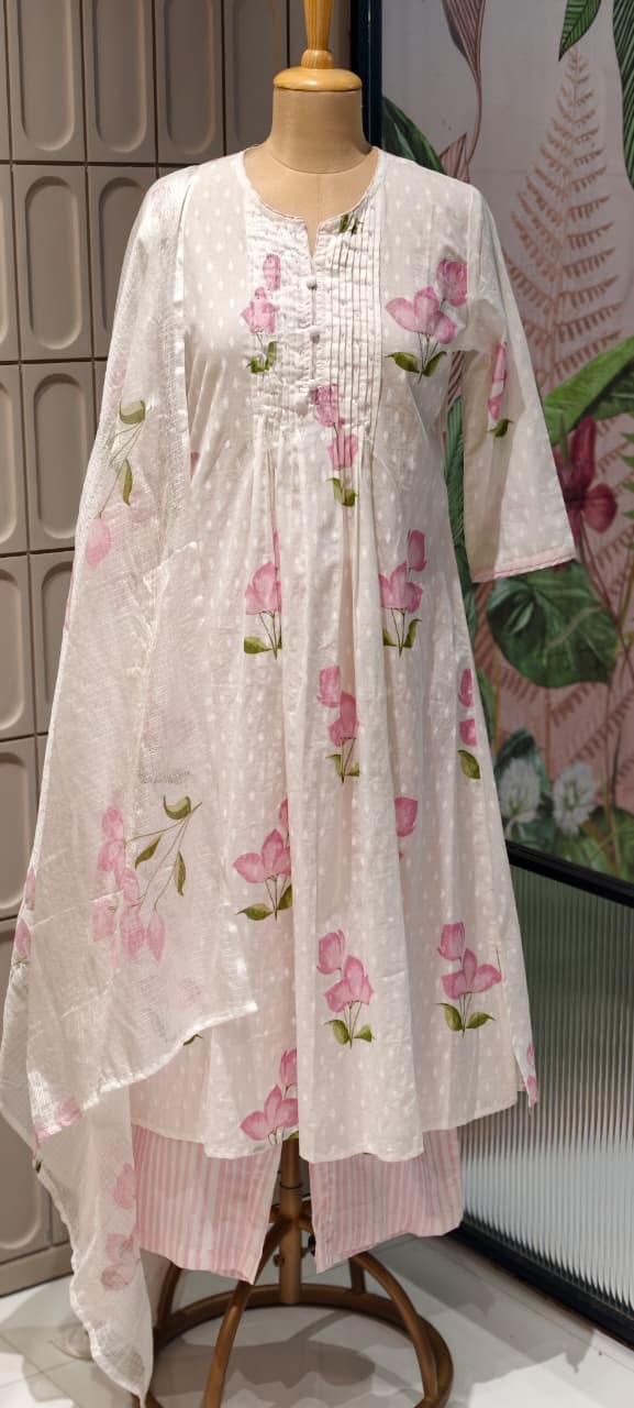 Elegant Floral Blush Pleated Mul Cotton Printed A-Line Full Suit Set With Dupatta- 14673 RB413