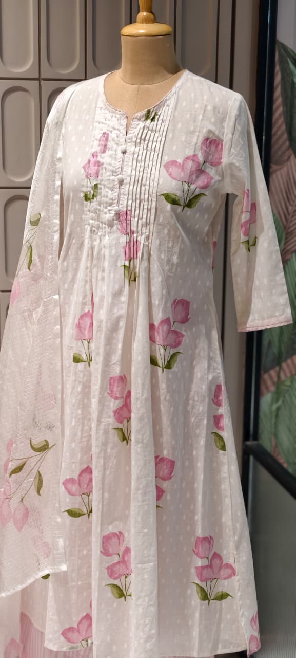 Elegant Floral Blush Pleated Mul Cotton Printed A-Line Full Suit Set With Dupatta- 14673 RB413