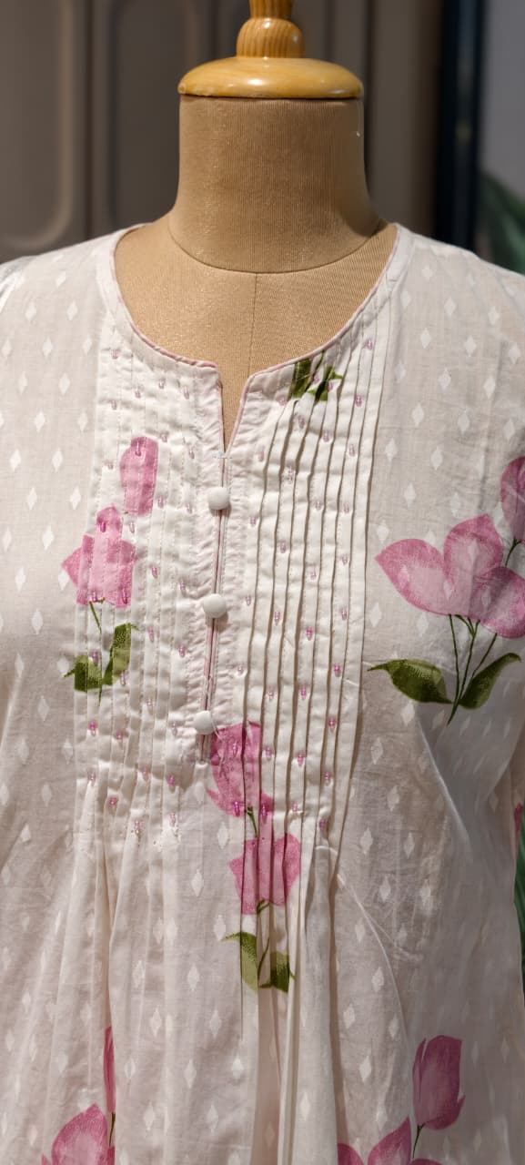 Elegant Floral Blush Pleated Mul Cotton Printed A-Line Full Suit Set With Dupatta- 14673 RB413