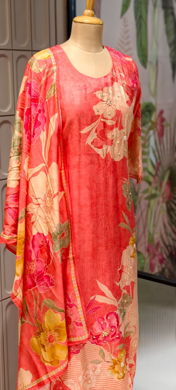 Refreshing Peach Elegance Floral Motifs Full Suit Set With Dupatta- 14726 RB424