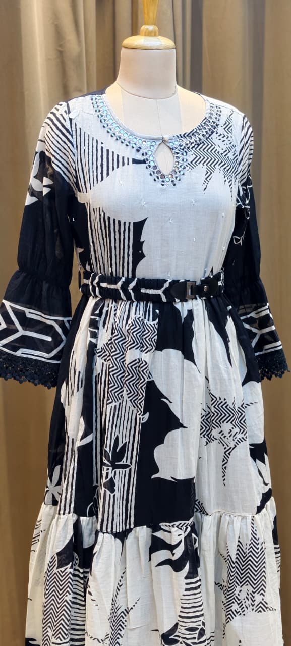 Mul Cotton Black & White Mirror With Cut-Dana Neck Line Printed Layered Ankle Length Frock With Belt- 14795 RB408
