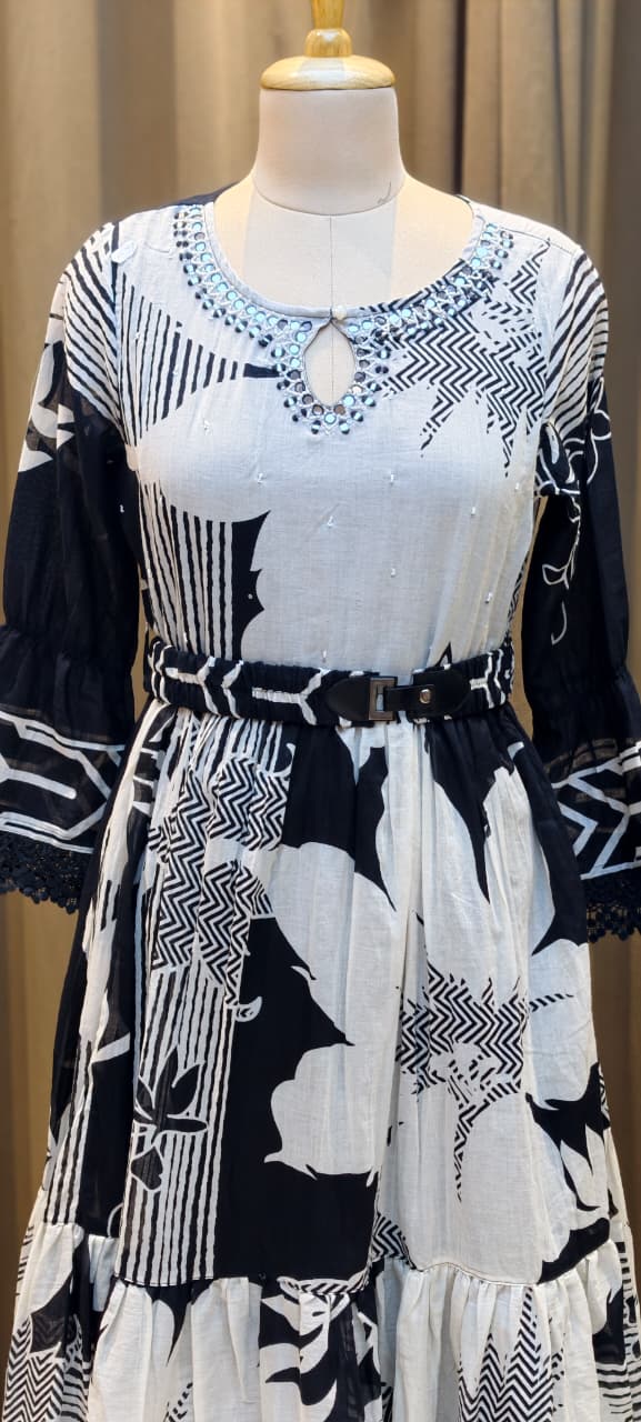 Mul Cotton Black & White Mirror With Cut-Dana Neck Line Printed Layered Ankle Length Frock With Belt- 14795 RB408