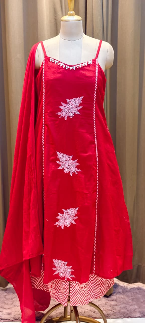 Pocket Style Vibrant Red Embroidered Sleeveless Cotton A-Line Full Suit Set With Dupatta  RB411