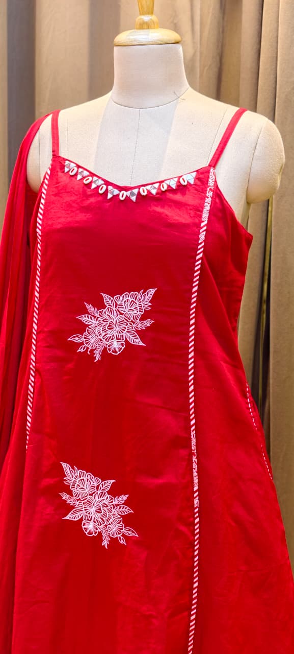 Pocket Style Vibrant Red Embroidered Sleeveless Cotton A-Line Full Suit Set With Dupatta  RB411