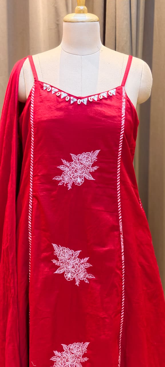 Pocket Style Vibrant Red Embroidered Sleeveless Cotton A-Line Full Suit Set With Dupatta  RB411