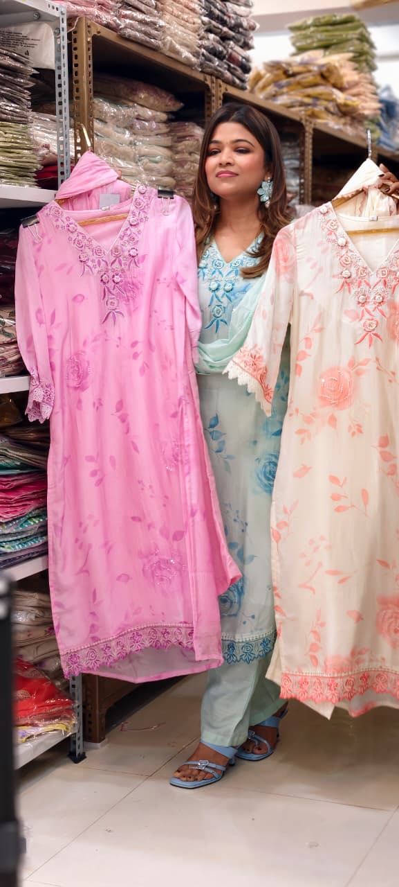 Floral Popped Embroidered Neckline Rosy Petal Printed Full Suit Set WIth Dupatta In HO Silk Fabric- 14791  RB420