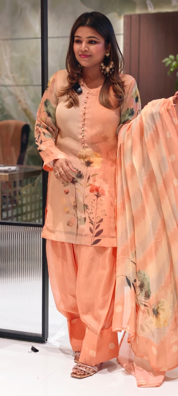 Digital Floral Serenity Artisanal Motif Pastel Pure Jute Linen Full Suit Set With  Dupatta- 14682 RB425