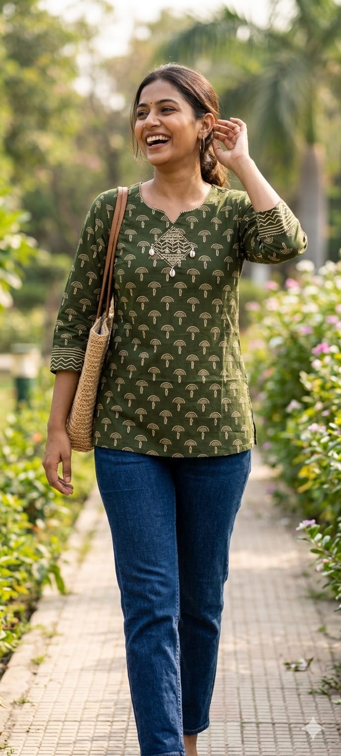 Earthy Hues Block-Printed Everyday Cotton Short Kurtis Only- 14806 (RB468) Lean Fit