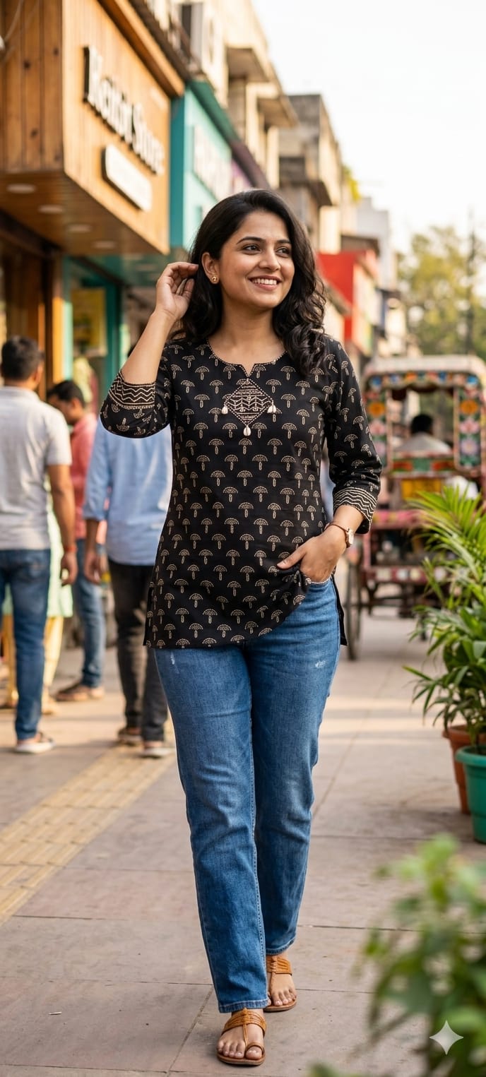 Earthy Hues Block-Printed Everyday Cotton Short Kurtis Only- 14806 (RB468) Lean Fit