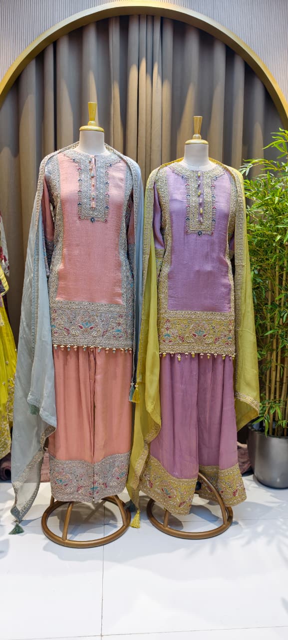Chevron Dual Shade Pastel Hand Embroidery Work Tassel Accent Heavy Party Wear-14286