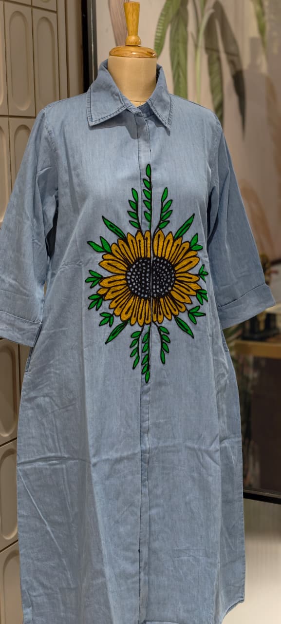 Giant Digital Floral Look Thread Embroidery Summer Cotton Denim Frock- 14802 RB467
