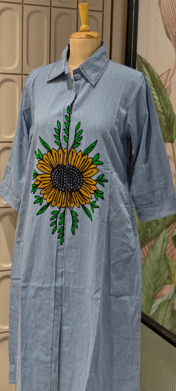 Giant Digital Floral Look Thread Embroidery Summer Cotton Denim Frock- 14802 RB467