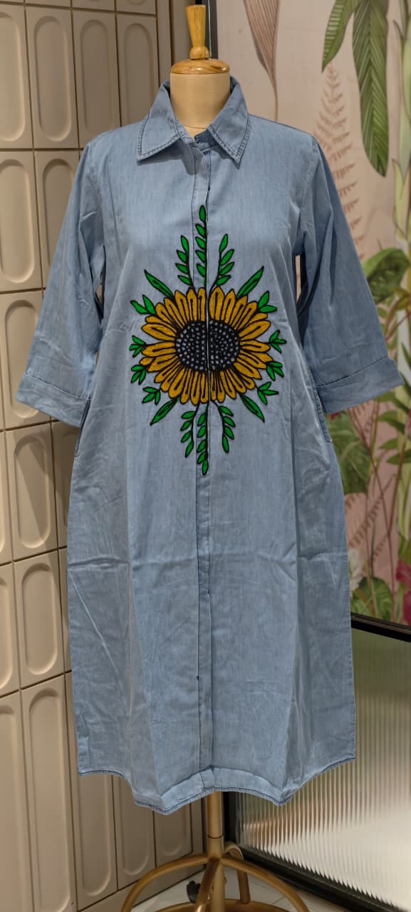 Giant Digital Floral Look Thread Embroidery Summer Cotton Denim Frock- 14802 RB467