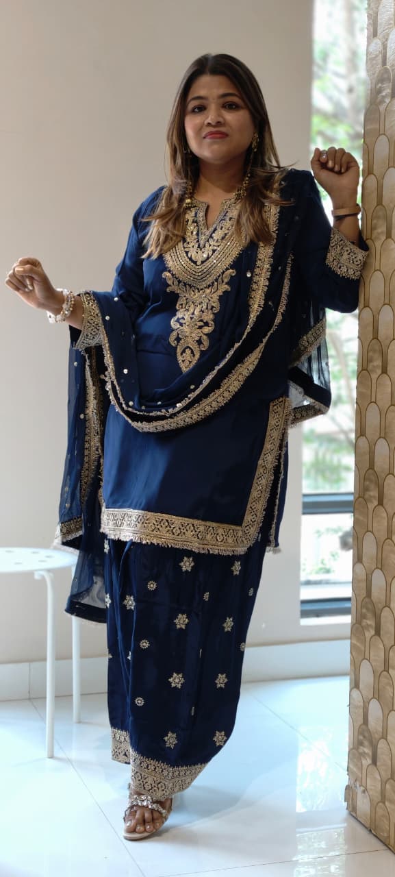 Pure Zardosi Golden Intricate Embroidered Heavy Crepe Full Suit Set With Work & Lace Dupatta- 13951 RB457