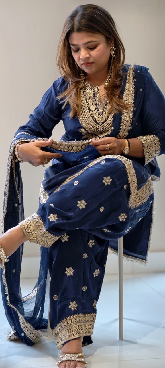 Pure Zardosi Golden Intricate Embroidered Heavy Crepe Full Suit Set With Work & Lace Dupatta- 13951 RB457