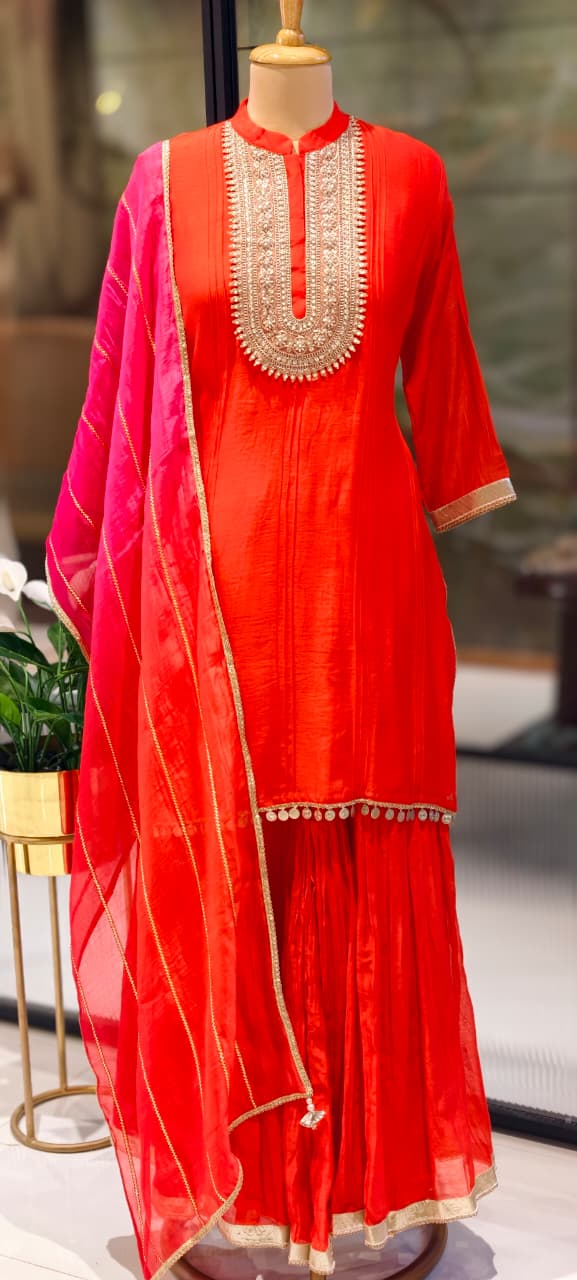 Premium Zardosi Yoke Pure Banarasi Mul Chanderi Panel Tassel Accent Full Suit Set With Dupatta- 13309  RB456