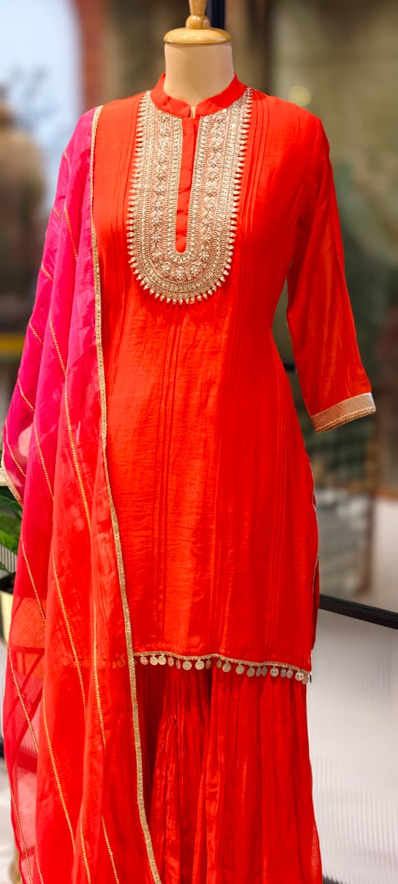 Premium Zardosi Yoke Pure Banarasi Mul Chanderi Panel Tassel Accent Full Suit Set With Dupatta- 13309  RB456