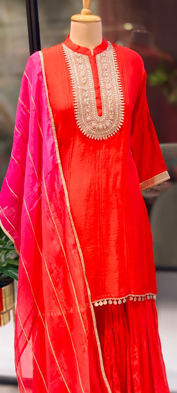 Premium Zardosi Yoke Pure Banarasi Mul Chanderi Panel Tassel Accent Full Suit Set With Dupatta- 13309  RB456
