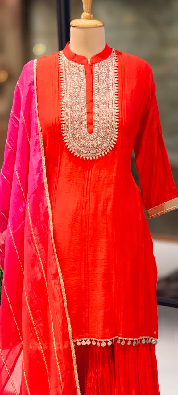 Premium Zardosi Yoke Pure Banarasi Mul Chanderi Panel Tassel Accent Full Suit Set With Dupatta- 13309  RB456