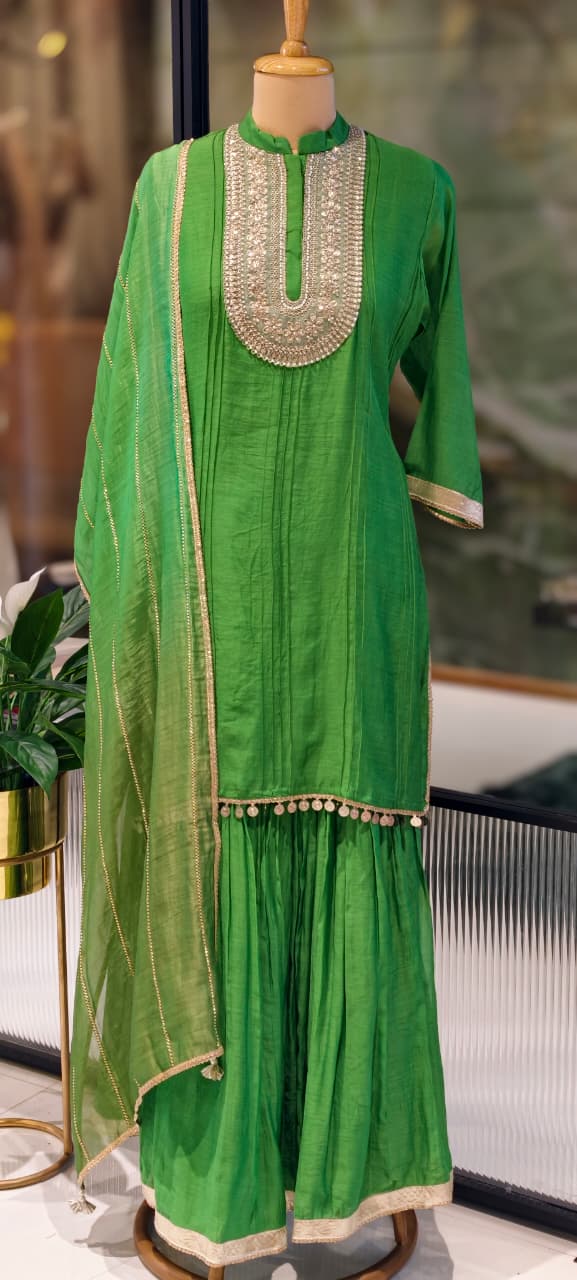 Premium Zardosi Yoke Pure Banarasi Mul Chanderi Panel Tassel Accent Full Suit Set With Dupatta- 13309  RB456