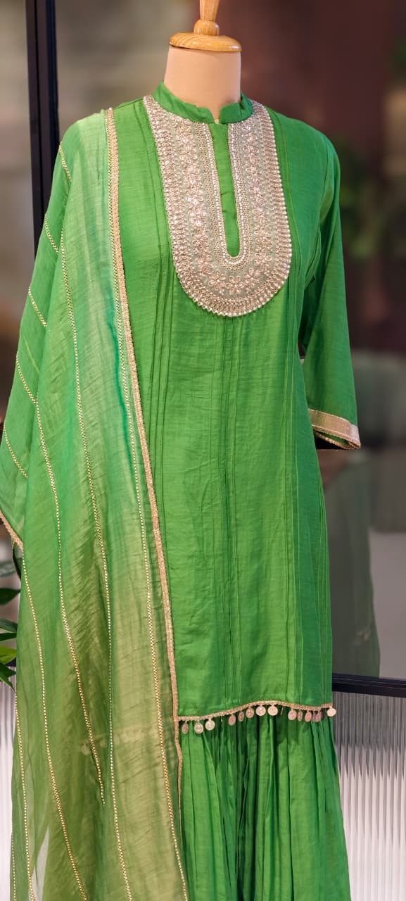 Premium Zardosi Yoke Pure Banarasi Mul Chanderi Panel Tassel Accent Full Suit Set With Dupatta- 13309  RB456