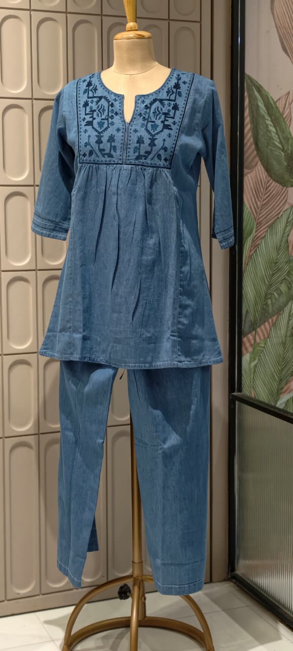 Abstract Thread Embroidery Slight Flared Cottom Denim Co-Ord Set- 14670  RB466