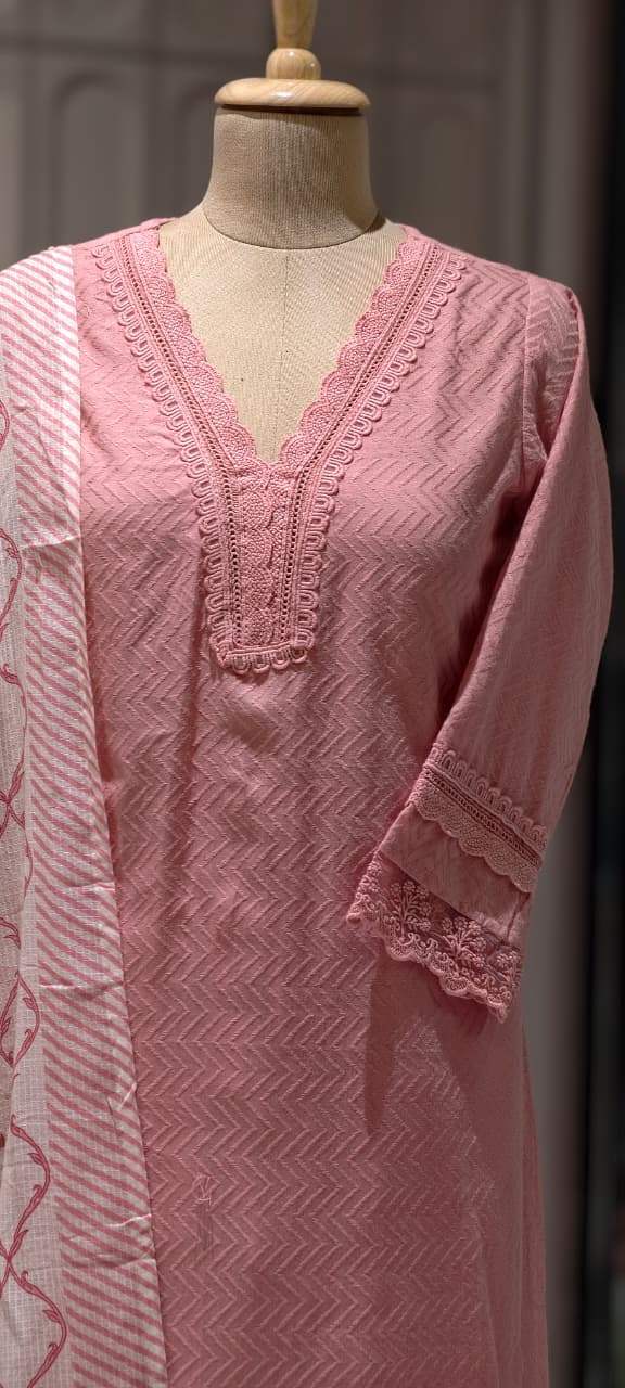 Elegant Straight Graceful Cotton Full Suit Set with Printed Dupatta & Lace Detailing- 14833 RB490