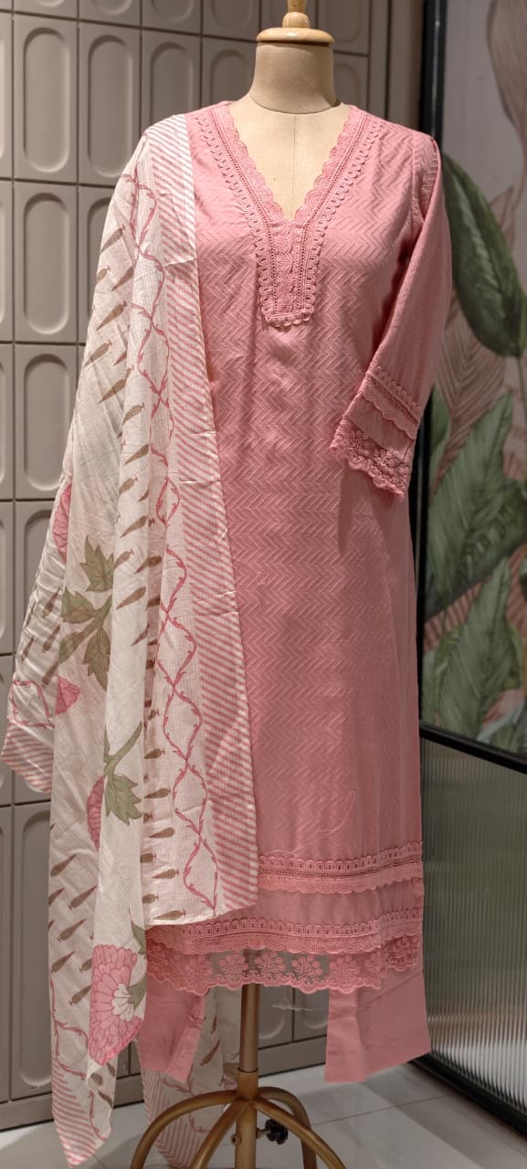 Elegant Straight Graceful Cotton Full Suit Set with Printed Dupatta & Lace Detailing- 14833 RB490